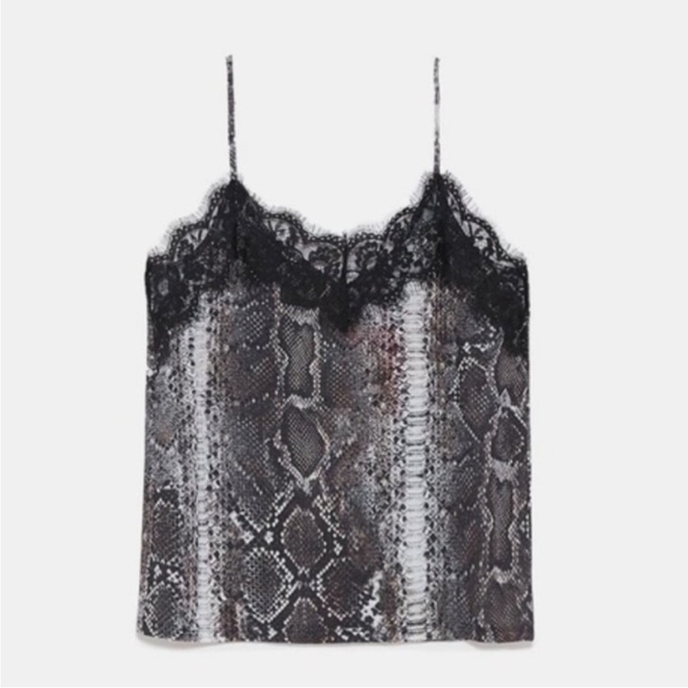 ZARA Snakeskin-print Lace-trim Cami